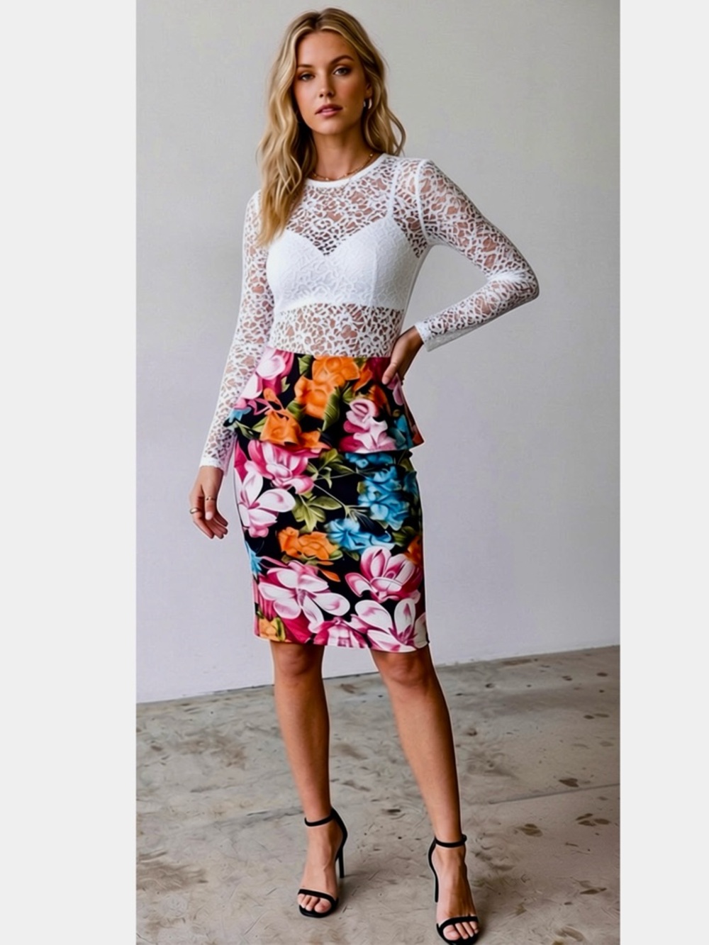 Botanical Bliss Peplum Midi Skirt Ultra-Stretch Floral Pencil Cut in Navy Multi